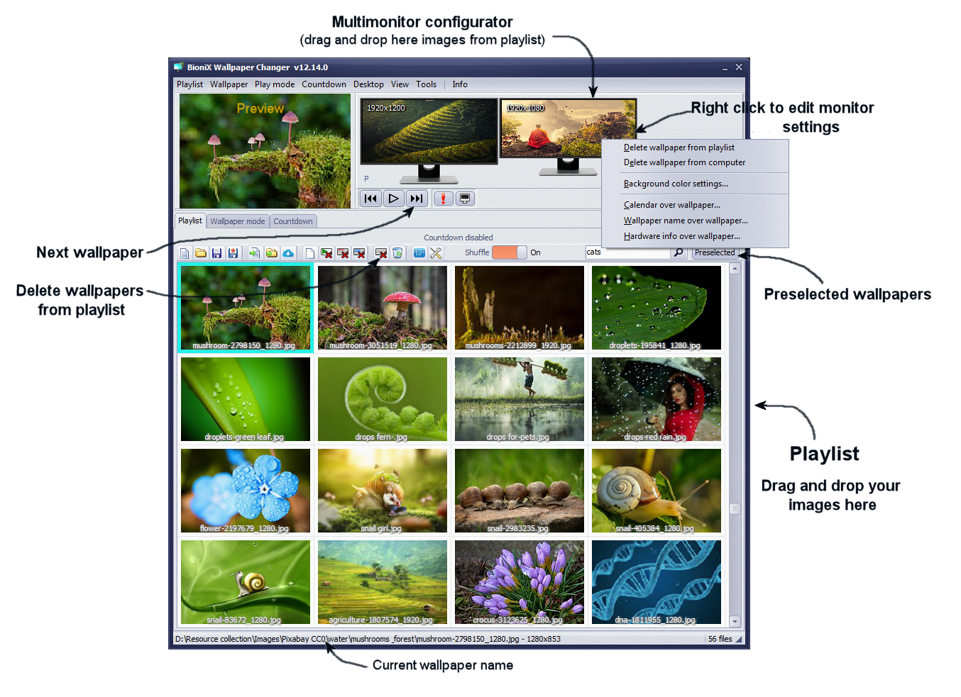 BioniX interface overview — playlist, multi-monitor configurator, and context menu